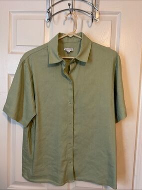 Gianni Bini Women's Linen Blend Button Up Short Sleeves Solid Top Size Medium